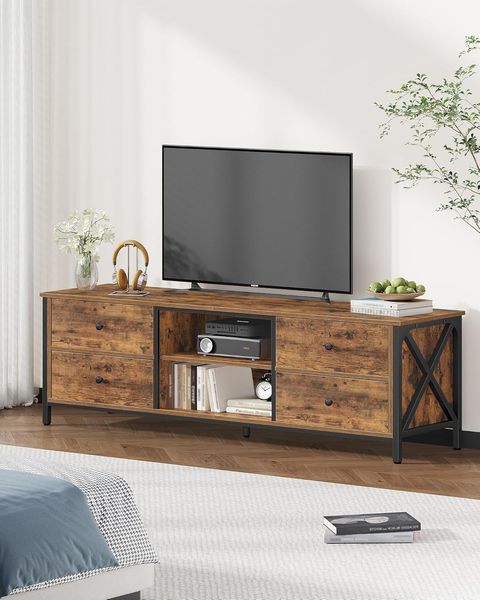 TV-Schrank mit 4 Schubladen, TV-Ständer für TV-Geräte unter 65 Zoll, mit 2 offenen Fächern, 40 x 147 x 50 cm, Fernsehschrank für Wohnzimmer, Schlafzimmer, Vintagebraun-Schwarz