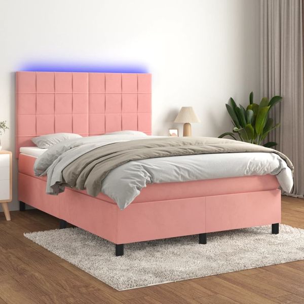 vidaXL Boxspringbett mit Matratze & LED Rosa 140x200 cm Samt 3136130