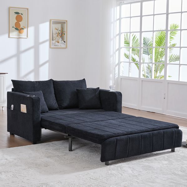 LVHOM Schlafsofa mit 3-fach verstellbarer Lehne&USB, Ausziehbares Schlafbett, 2-Sitzer mit Becherhalter Platzsparend 139x73x83cm