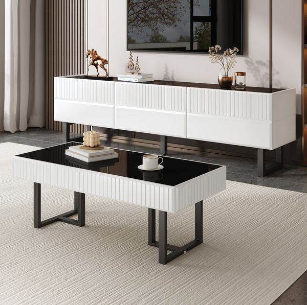 Couchtisch- & TV-Schrank-Set 110 x 50,5 x 41 cm / 170 x 35 x 47 cm – Wohnzimmerset in Schwarz-Weiß mit Stauraum
