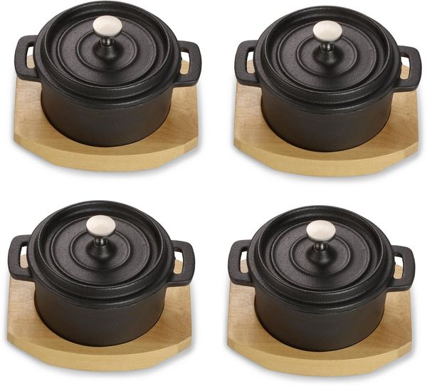 ECHTWERK Kochtopf Mini Cocotte, Gusseisen (8-tlg, Mini-Kochtopf inklusive Servierbrett), Kleiner Bräter, Bereits eingebrannt