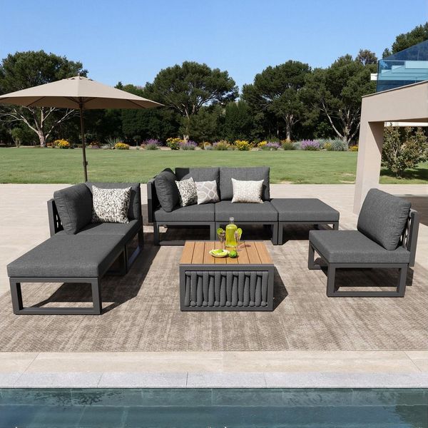 HAUSS SPOLE Gartenlounge-Set Loungesofa Set Für 6 Personen Verstellbare Rückenlehnen Kissen Tisch, (Outdoor-Sofaset mit 5 verstellbare Rückenlehnen), Doppelliege für den Außenbereich