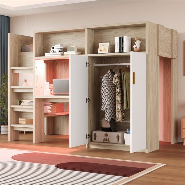 Merax Kinderbett 90 × 200 cm Jugendbett, Multifunktionales Hochbett, Mit Schreibtisch, Kleiderschrank, Regal, Staufächern und LED-Beleuchtung, Mit Lattenrost, Holzfarbe