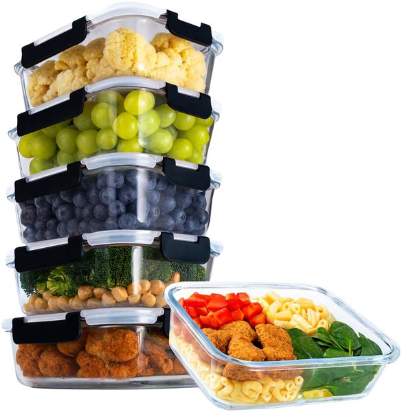Aviro Frischhaltebehälter Glas – 6 Stück – Meal Prep Behälter – Gefrierschrank-, Mikrowellen- und ofenfest – BPA-frei – Luftdicht – 1 l