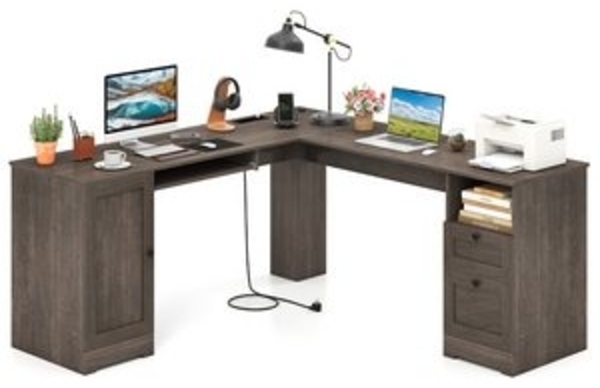 COSTWAY Eckschreibtisch, Computertisch mit Ladestation, Schrank, 2 Schubladen Bild 6