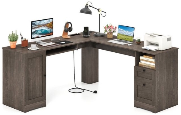 COSTWAY Eckschreibtisch, Computertisch mit Ladestation, Schrank, 2 Schubladen Bild 4