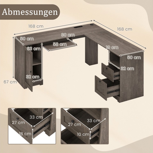 COSTWAY Eckschreibtisch, Computertisch mit Ladestation, Schrank, 2 Schubladen Bild 2