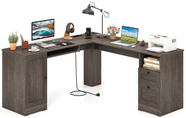 COSTWAY Eckschreibtisch, Computertisch mit Ladestation, Schrank, 2 Schubladen Bild 1