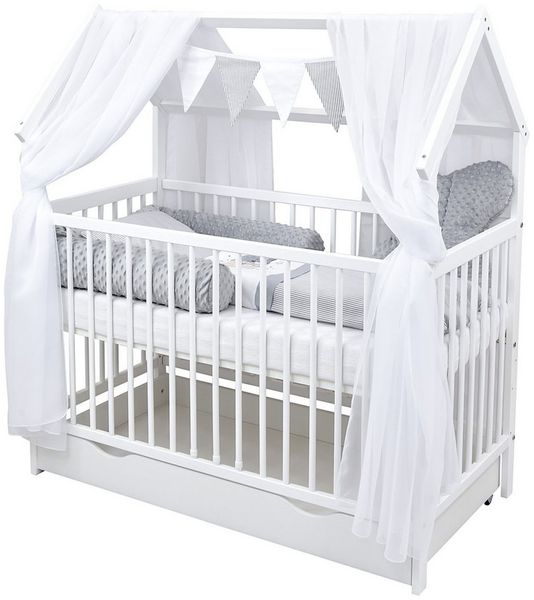 Baby-Delux Komplettbett Hausbett Babybett Schublade Schutzgitter Beißschienen Komplettset, 11-tlg, Kinderbett 60x120 cm weiß, Bettset verschiedene Designs