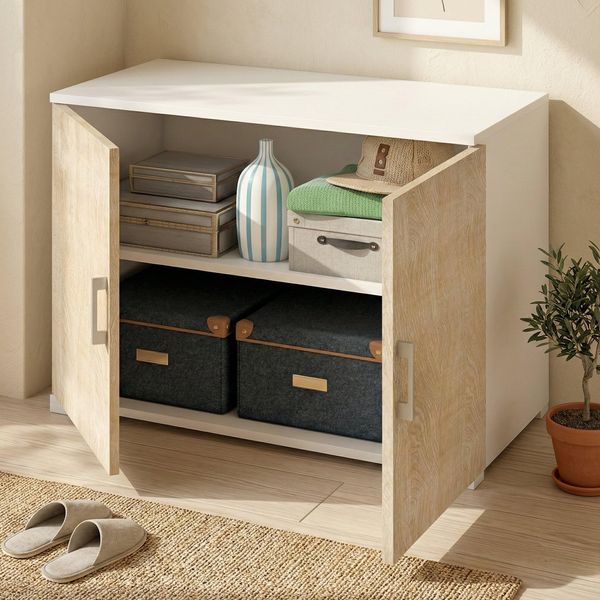 Dmora - Mehrzweckschrank mit 2 Türen Bucaneve, linearer Schrank mit 2 Flügeltüren mit Regal, Eingangsschrank, modernes Schuhregal, 100 % Made in Italy, 90 x 45 x 66 cm, Eiche und Weiß