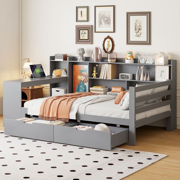 Bett 90x200 cm aus Holz, multifunktional mit Schreibtisch, Regalen, 2 Schubladen und Steckdose, Matratze nicht enthalten