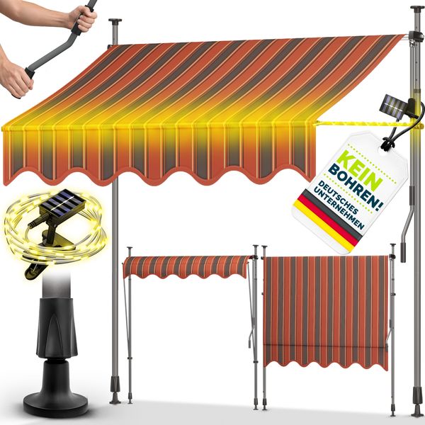 tillvex Klemmmarkise 250 cm Orange/Anthrazit mit Solar LED mit Handkurbel Balkon | Balkonmarkise ohne Bohren | Markise UV-beständig & höhenverstellbar | Sonnenschutz wasserdicht