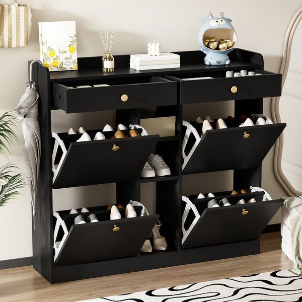 Merax Schuhschrank mit 4 Klapptüren, 2 Schubladen & 3 offenen Fächern (1-St) Kommode Schrank Schuhkommode Schuhregal, 110x26x100 cm