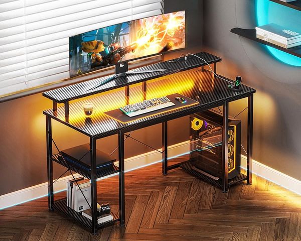 ODK Gamingtisch Computertisch mit integrierter Steckdose und LED-Beleuchtung (1-St), 120 cm in Schwarz für Gaming und Homeoffice