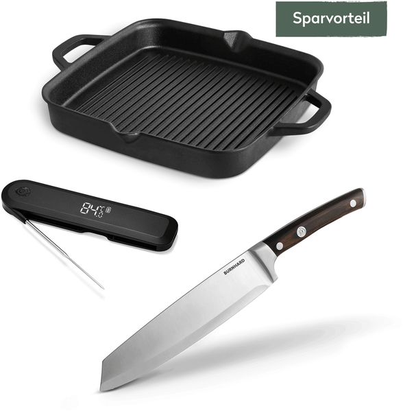 BURNHARD® Steak Lover Set | Gusseiserne Grillpfanne 26 cm | inkl. Kochmesser und Einstichthermometer, Schwarz / Silber