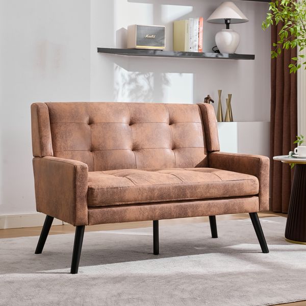 LVHOM 2-Sitzer Sofa aus Suedevlies mit Knopfsteppung, Loveseat mit hochdichter Schaumstoffpolsterung und Massivholzbeinen, Stoffsofa für Wohnzimmer & Büro, bis 260kg, Braun