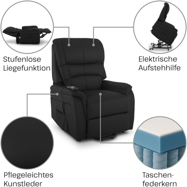 Raburg Fernsehsessel JAN in SEIDEN-SCHWARZ mit elektrischer Aufstehhilfe - Schlafsessel XXL, Taschenfederkern, Liege- & Relaxfunktion, Soft-Touch-Kunstleder, 2 kraftvolle Motoren + Fernbedienung Bild 8