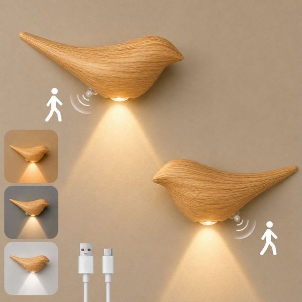 Lapalife LED Wandleuchte Akku Vogel-Wandleuchte Innen, Wandlampe Mit Bewegungsmelder, 3 Farben, 2er Pack, Kabellos Magnetisch, für Kinderzimmer Flur Treppe Dekoration