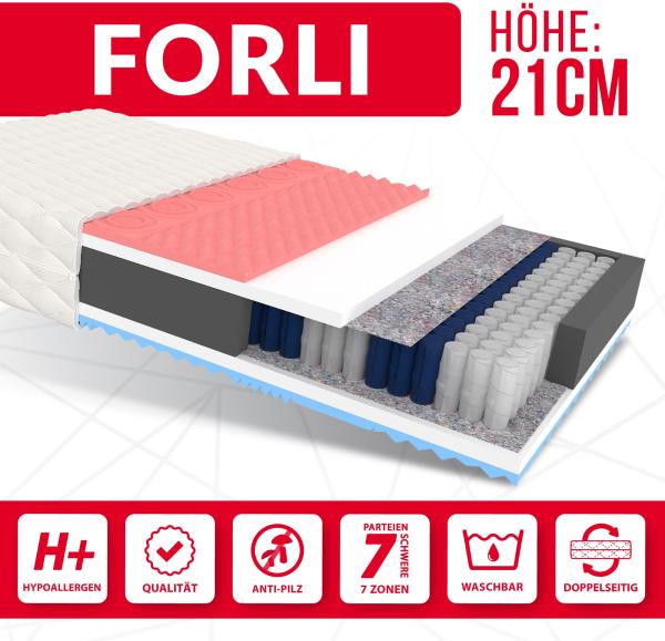 Matratze 90x200 Taschenfederkern FORLI 7 Zonen H3 21 cm Visco HR Schaum Polyurethanschaum JERSEY Bild 3