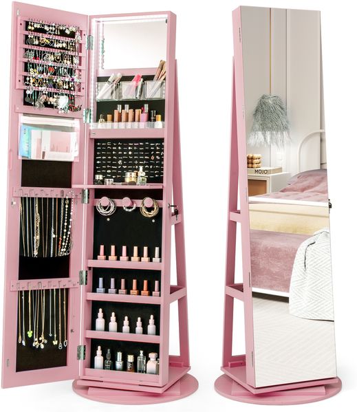 360° Drehbarer Schmuckschrank mit Dreifarbigen LED-Leuchten Freistehender Spiegelschrank Rosa