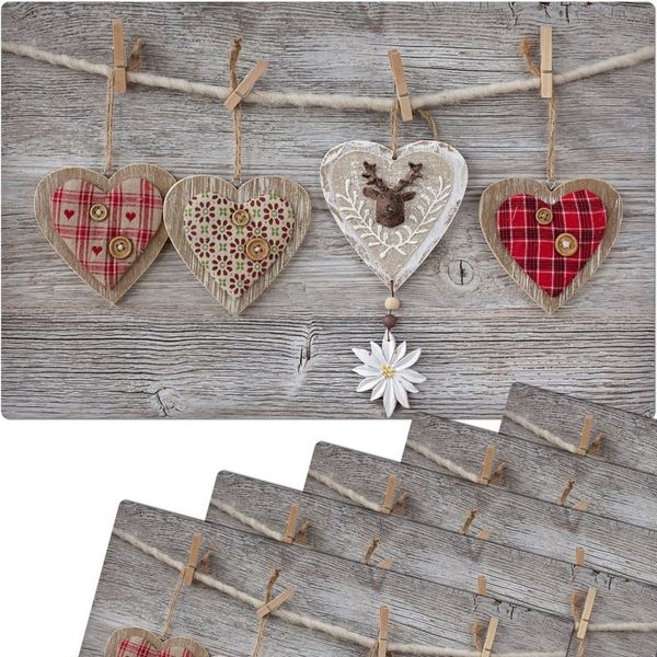 matches21 HOME & HOBBY Platzset Abwaschbare Tischsets 6er Set Landhaus-Stil Herzen & Holz, (6-St), Platzsets als Tisch-Untersetzer und Tisch-Deko für Esstisch Teller