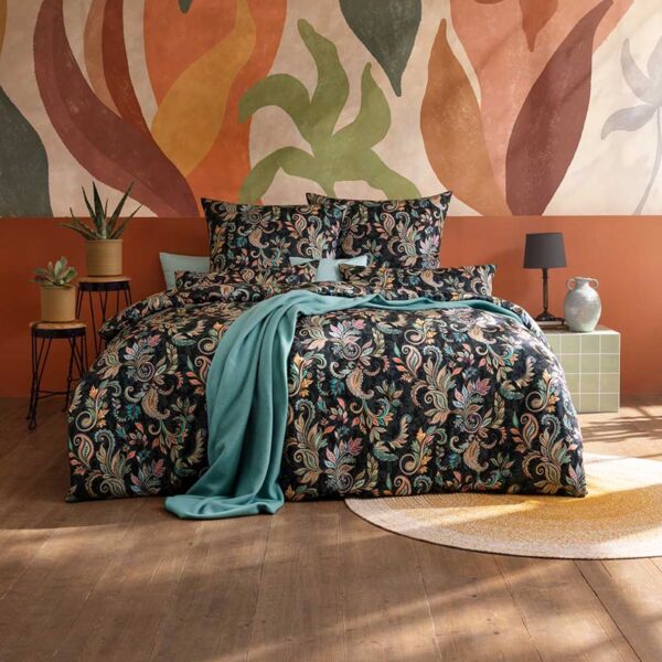 Estella Mako-Satin Bettwäsche 135x200 Regina schwarz Paisley Blätter 7681-985