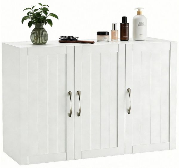 ANYSUN Badkommode Badezimmerschrank mit 3 Türen und 2 Einlegeböden, schmaler Badschrank mit verstellbare Ablage, weiß 90 x 30 x 60cm