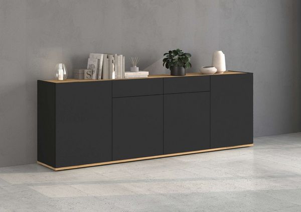 OTTO home Sideboard GARDA, Kommode, Schrank, untere Türen mit Push-to-Open, Made in Italy (1 St), 4 Türen, 2 Schubladen, grifflos Breite 200 cm, anthrazit/eiche matt