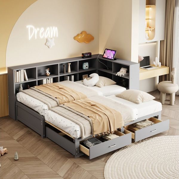 Merax Daybett 90/180x190cm mit USB-Steckdose (1 tlg), Ausziehbares Schlafsofa Kinderbett mit Ablagefächern und 2 Schubladen