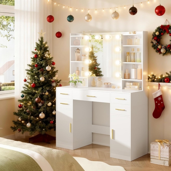 Schminktisch mit Spiegel, Schminktisch, Frisierkommode mit 5 Schubladen, 2 Schubladen und 9 Offenen Fächern, Versteckte Regale, Weiß