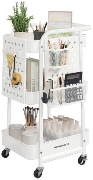 SONGMICS Rollwagen, Küchenwagen, 3 Metallgitterablagen, Servierwagen, 2 abnehmbare Lochplatten, 2 Hängekörbe, 4 Haken, für Büro, Küche, Wohnzimmer, Badezimmer