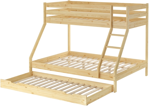Doppel-Etagenbett 140x200 und 90x200 Erwachsenen-Stockbett Kiefer, Rollrost und Gästebettkasten inkl.