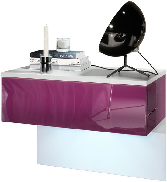 Vladon Nachttisch Sleep, Nachttischschrank mit Schublade zur Wandmontage, Weiß matt/Brombeer Hochglanz, inkl. LED-Beleuchtung (60 x 46 x 35 cm)