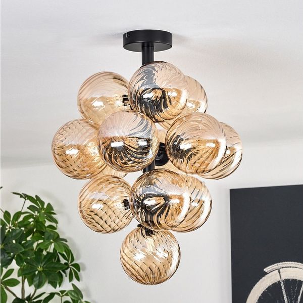 hofstein Deckenleuchte Deckenlampe aus Metall/Riffelglas in Schwarz/Bernsteinfarben, Deckenleuchte im Retro/Vintage-Design (Schirme Ø 12 cm), 13 x G9