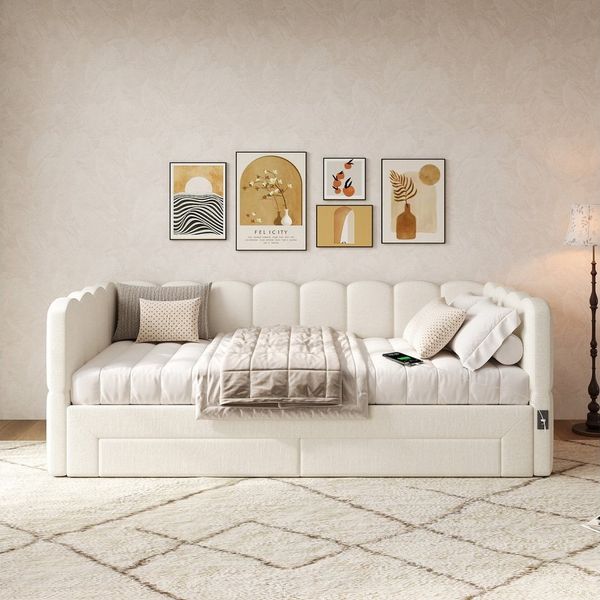 Flieks Daybett, Polsterbett Tagesbett 90/180x190cm mit Ausziehbett, 2 Schubladen, USB