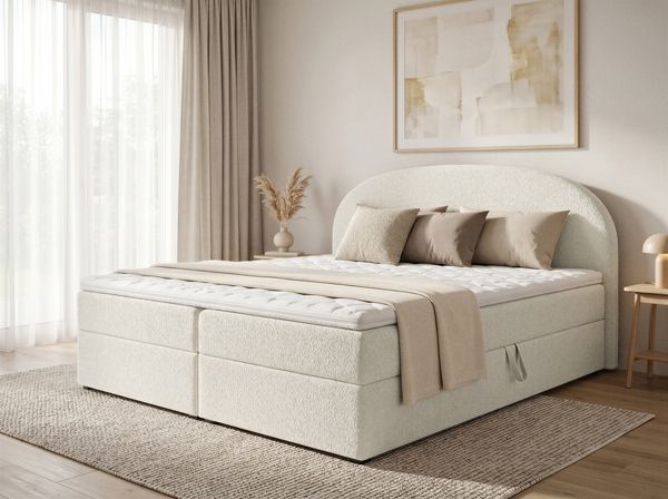 Boxspringbett Cloud mit 2 Bettkästen, Doppelbett mit Bonell-Matratze und Topper, Polsterbett in weichem Bouclé-Stoff, Bett, Bettgestell für Schlafzimmer (Weiß (Coral 70), 140 x 200 cm)