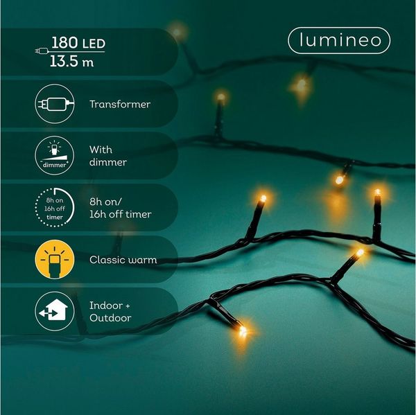 Lumineo LED-Lichterkette Lumineo Lichterkette BASIC 180 LED 13,5 m klassisch warm, schwarz, Indoor/Outdoor, dimmbar, 8h-Timer, + 5 m Zuleitung