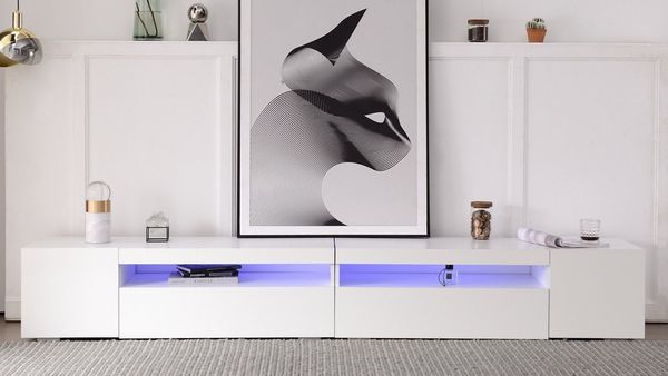 autolock Lowboard Moderner TV-Schrank in Weißer mit variable LED-Leuchten, bis 85 Zoll (240 × 38,5 × 35,5 cm), TV-Board Fernsehschrank Kommode für Wohn- und Esszimmer