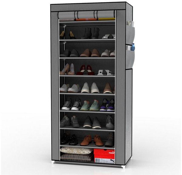 INTIRILIFE Faltschrank 170 x 58 x 28 cm in ASCH GRAU - mit Reißverschluss Stoffschrank Kleiderschrank Schuhregal mit 9 Ablagefächern - Camping Steckschrank Textil Garderobe