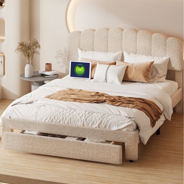ADWOLT Polsterbett Doppelbett Stauraumbett mit USB+TYPE-C (Packung, 1-tlg, Jugendbett), 160x200 cm,Gepolstert,Schublade am Ende des Bettes,Plüschstoff-Beige