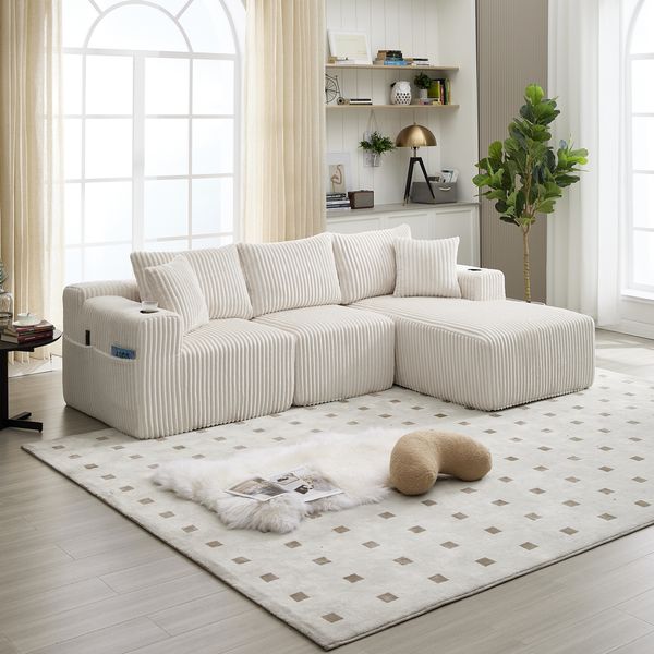 CorduroyModulares Sofa Set mit Chaiselongue & 2-Sitzer in Beige, weicher Cordbezug, 5 Kissen, Getränkehalter