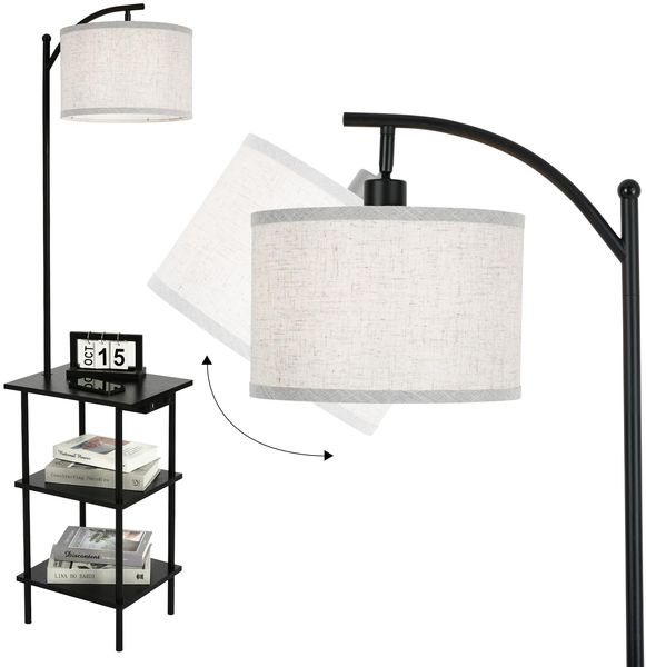 LuminexDesigns Vintage Stehlampe mit Regal, Holz Beistelltisch mit Ladestation, Schwarz Retro Stehleuchte mit 3-Ebenen Stauraum, Schwenkbar, für Wohnzimmer, Schlafzimmer, Ecke, Arbeitszimmer