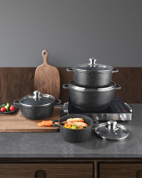 Zilner Topf-Set Töpfe in verschiedenen Größen mit Steinbeschichtung mit Pfannen, Keramik, Aluminiumguss, Edelstahl (1.3L / 2.4L / 3.4L / 4.5L / 6.2L / 6.8L, 17-tlg, Zeitloses Design des Topfsets. Eine ideale Geschenkidee! Hochwertig)