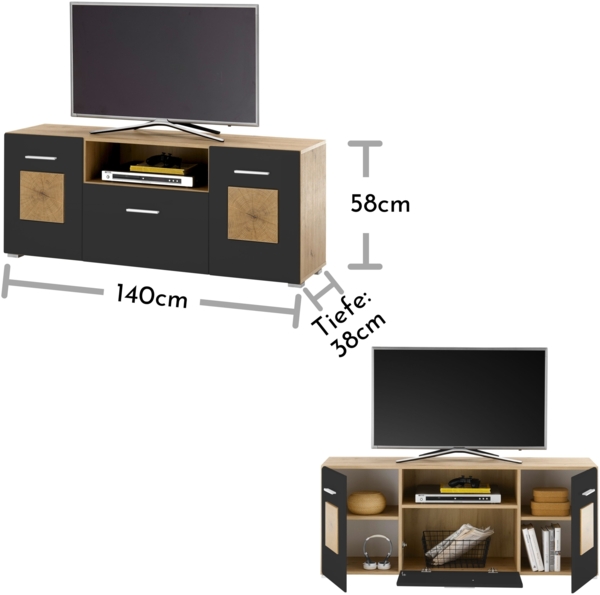 Lowboard >Georgia< in Eiche Artisan Nachbildung - 140x58x38cm (BxHxT) Bild 10