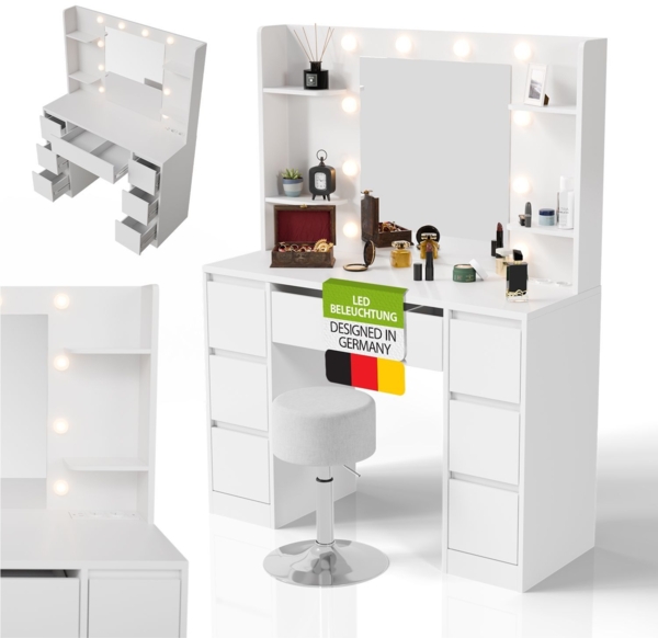 Juskys Schminktisch Malia und Hocker Tonia mit LED-Beleuchtung & Spiegel, 7 Schubladen, stufenlos dimmbar, 3 Farbtemperaturen, Stauraum, elegantes Design – Weiß
