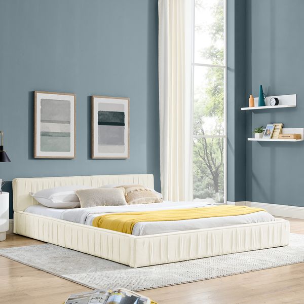 Flieks Doppelbett 160x200cm, Polsterbett mit Rückenlehne & Eukalyptus-Eisengestell, Gefälteltes Chenille, Beige