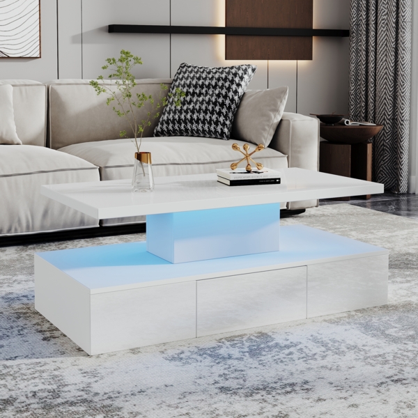 Couchtisch 100 cm Weiß Hochglanz mit LED, Wohnzimmertisch mit offener Ablage, Schublade & App-Steuerung Bild 6