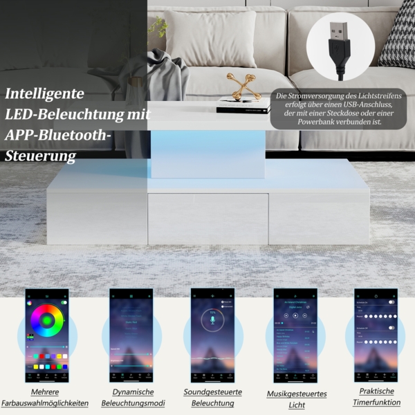 Couchtisch 100 cm Weiß Hochglanz mit LED, Wohnzimmertisch mit offener Ablage, Schublade & App-Steuerung Bild 8