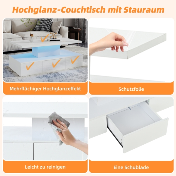 Couchtisch 100 cm Weiß Hochglanz mit LED, Wohnzimmertisch mit offener Ablage, Schublade & App-Steuerung Bild 7