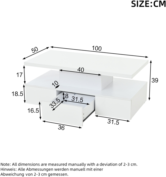 Couchtisch 100 cm Weiß Hochglanz mit LED, Wohnzimmertisch mit offener Ablage, Schublade & App-Steuerung Bild 9